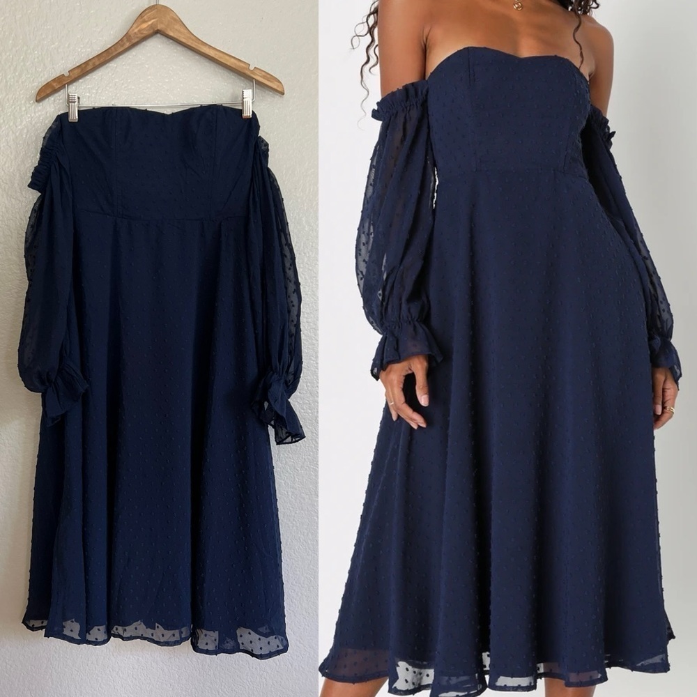 Lovely Angel Navy Blue Swiss Dot Off-The-Shoulder Midi Dress